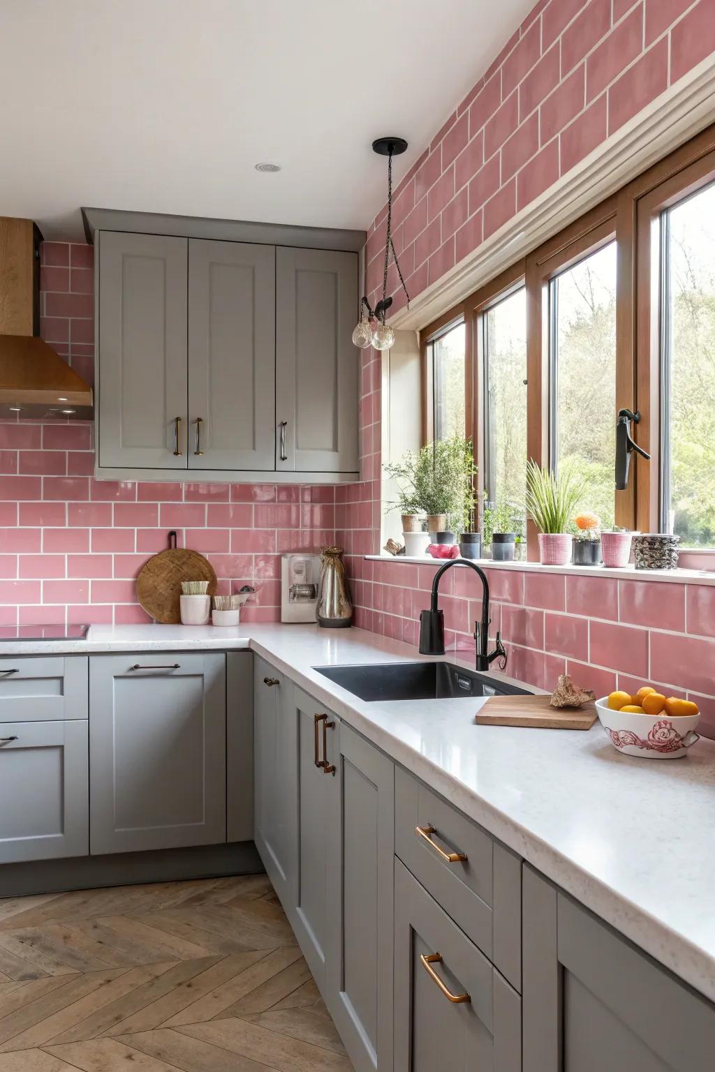 A vibrant pink tiled backsplash in a grey kitchen.