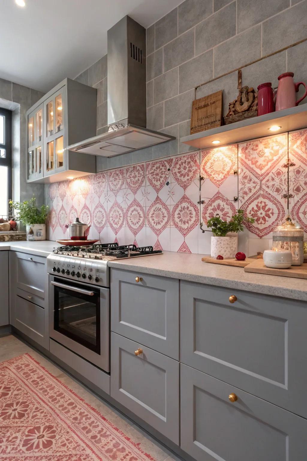 Grey walls with decorative pink tiles for a fresh look.