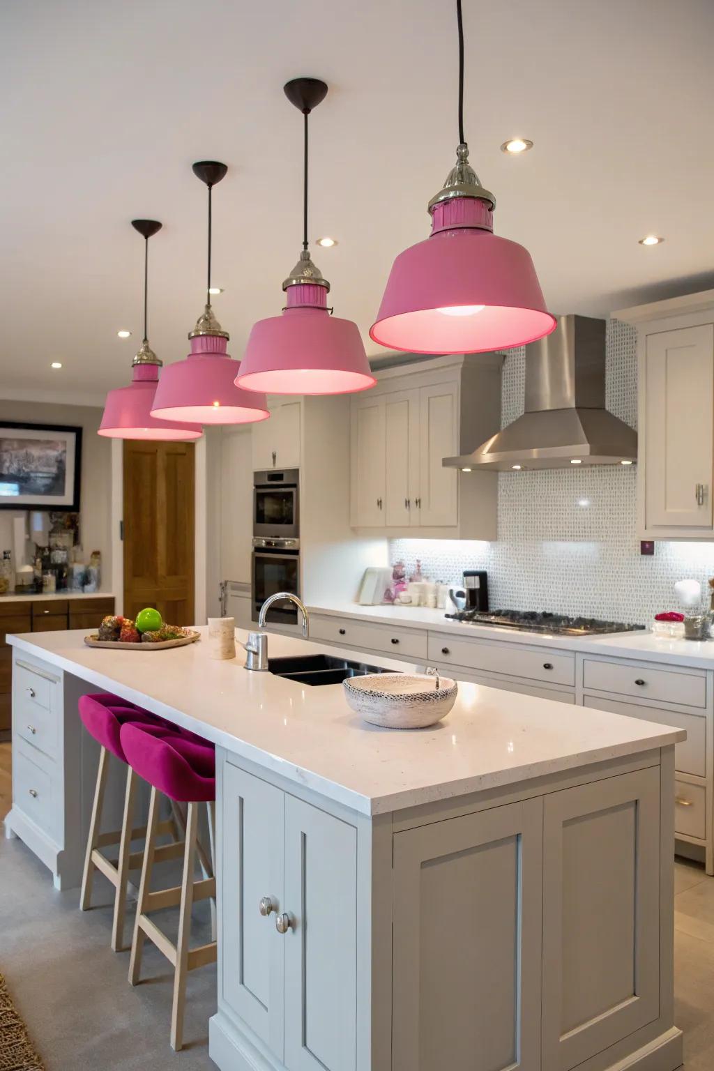 Pink pendant lights adding a fun accent to the kitchen.