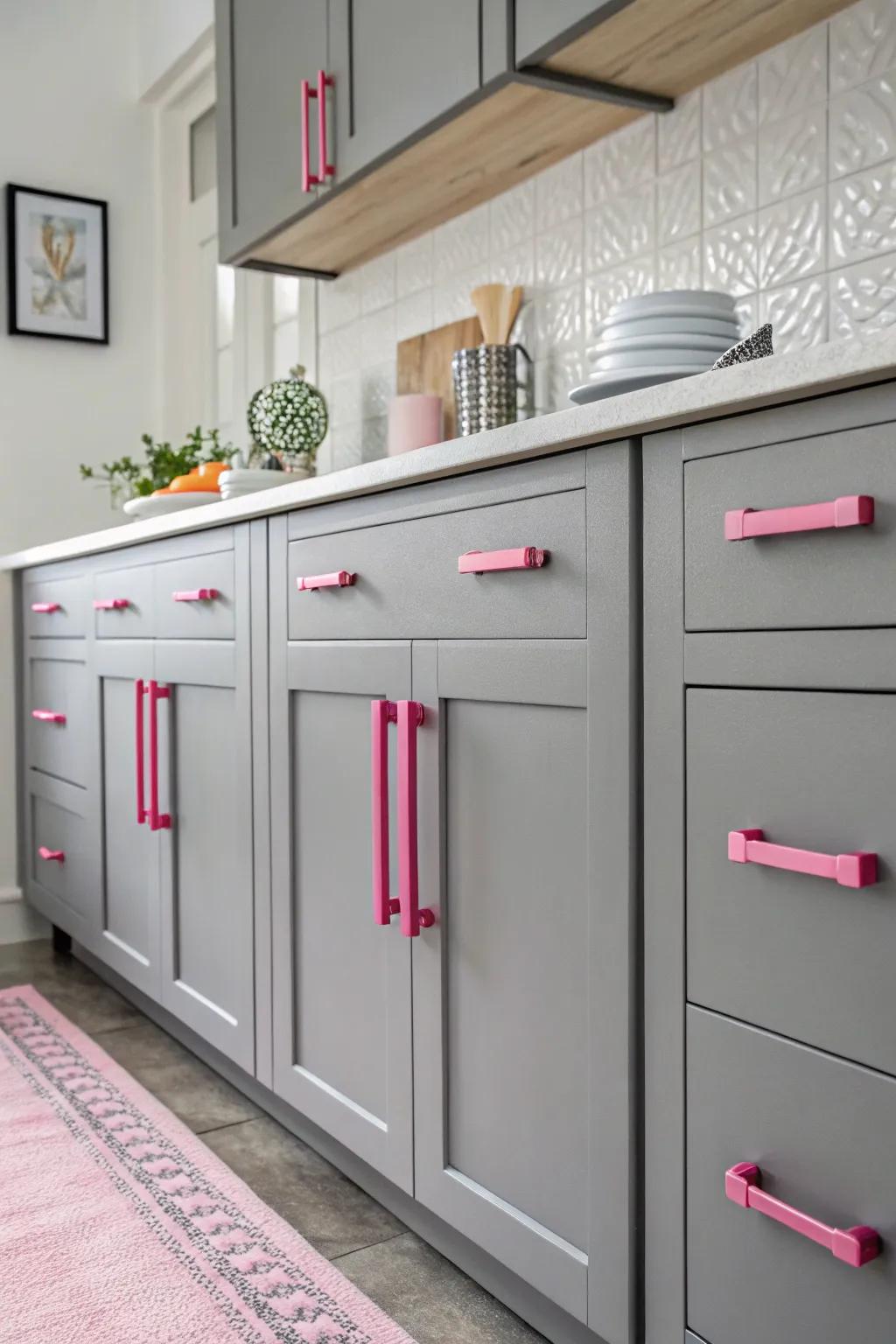 Grey cabinets with pink handles for a playful twist.