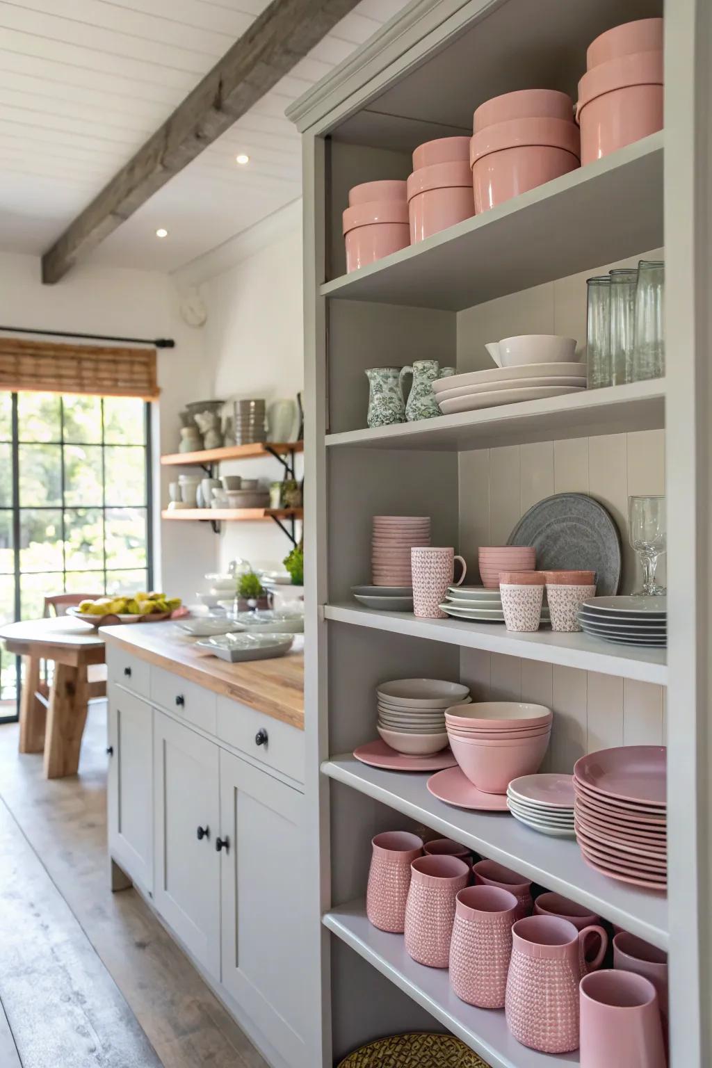 Open shelving in pink and grey for stylish storage.