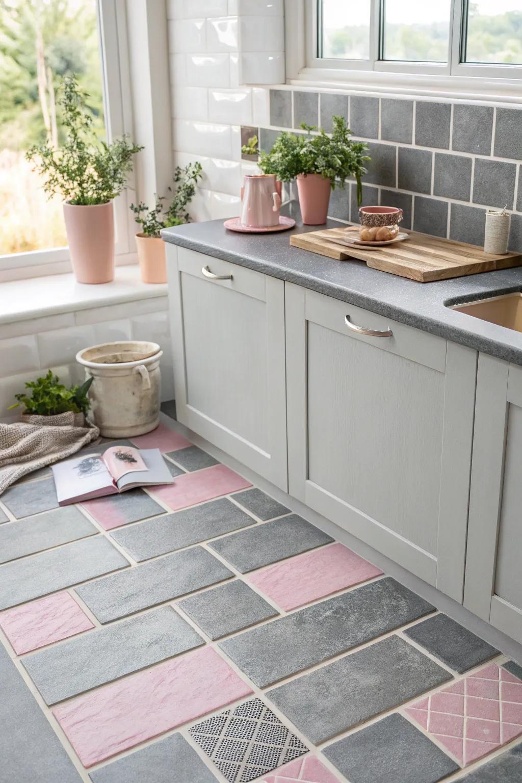 Classic grey tiles paired with subtle pink accents.