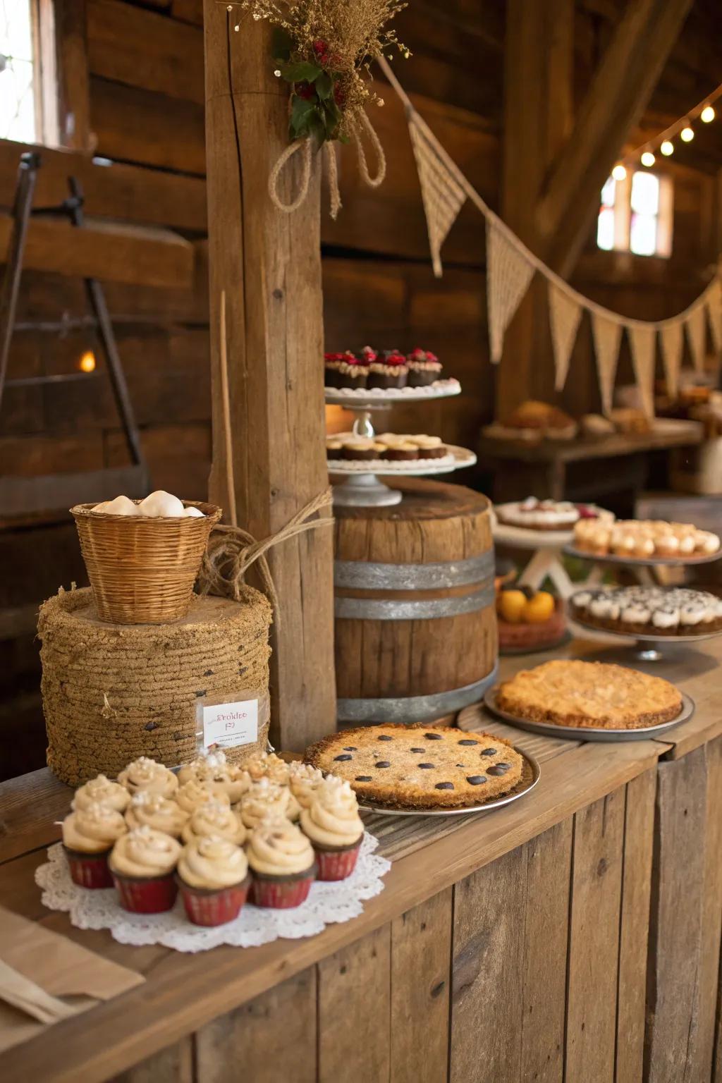 Rustic wooden elements adding charm and warmth to the dessert table.