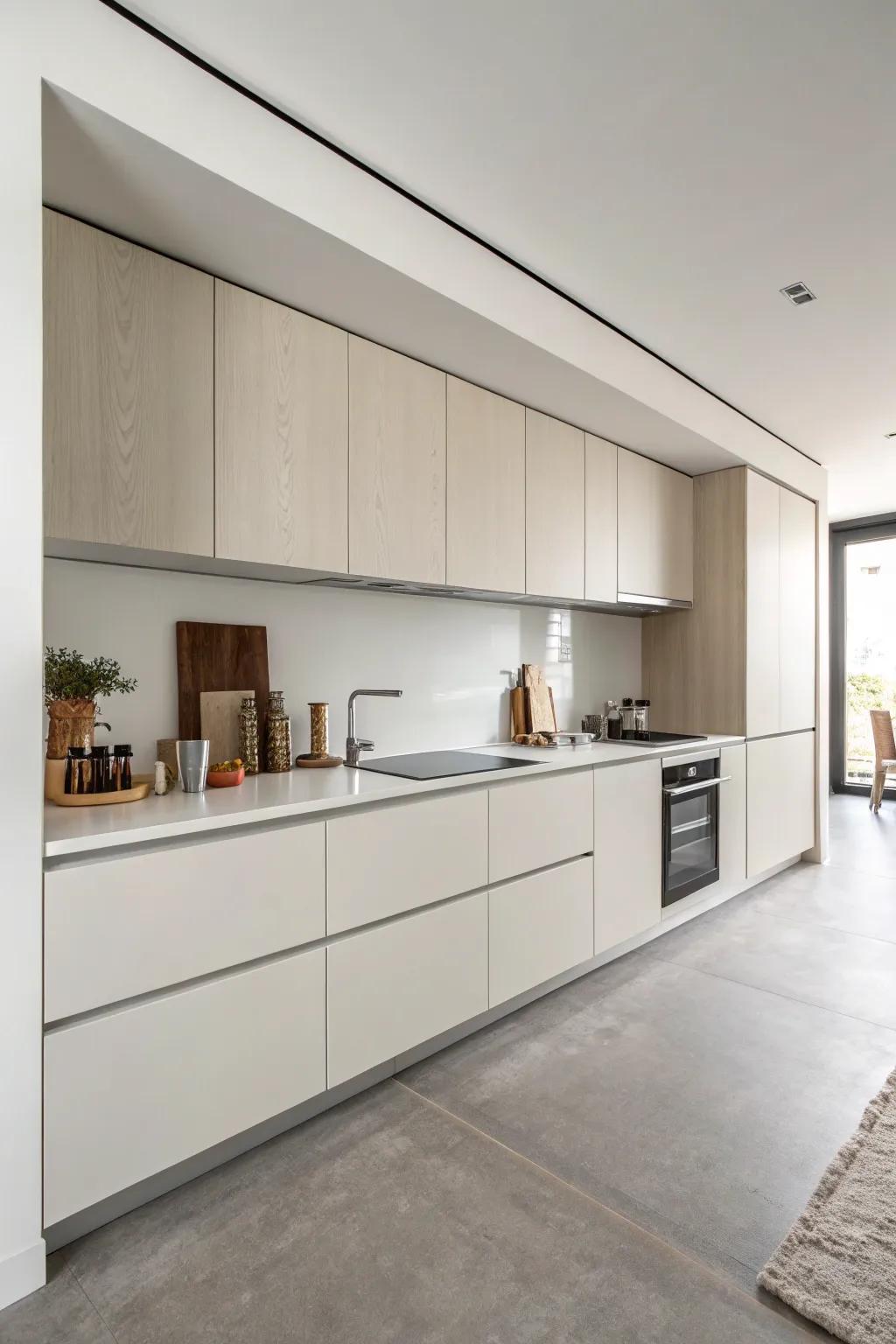 Handle-free cabinets provide a sleek look in a one-wall kitchen.