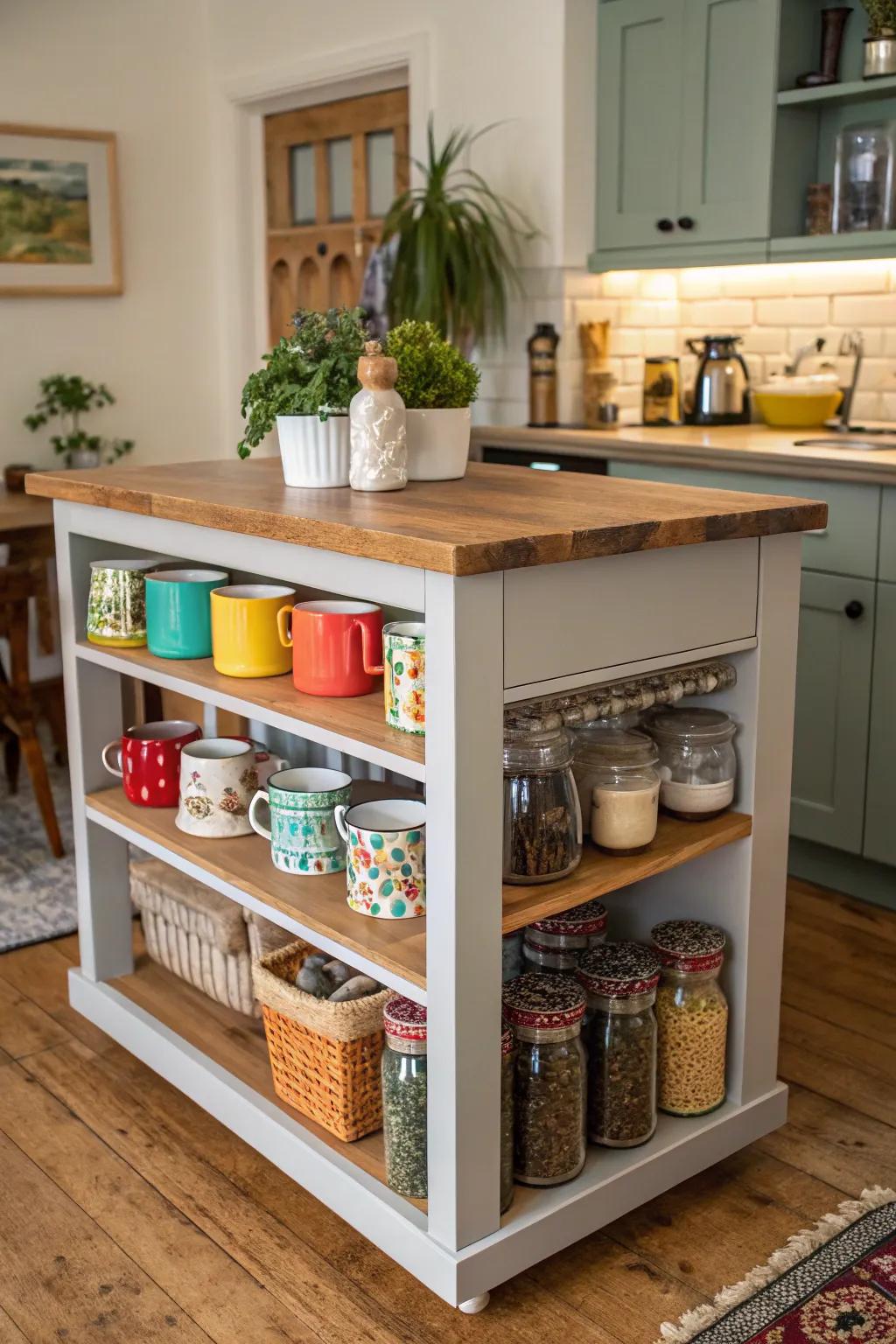 A square island with open shelves, offering both function and style.