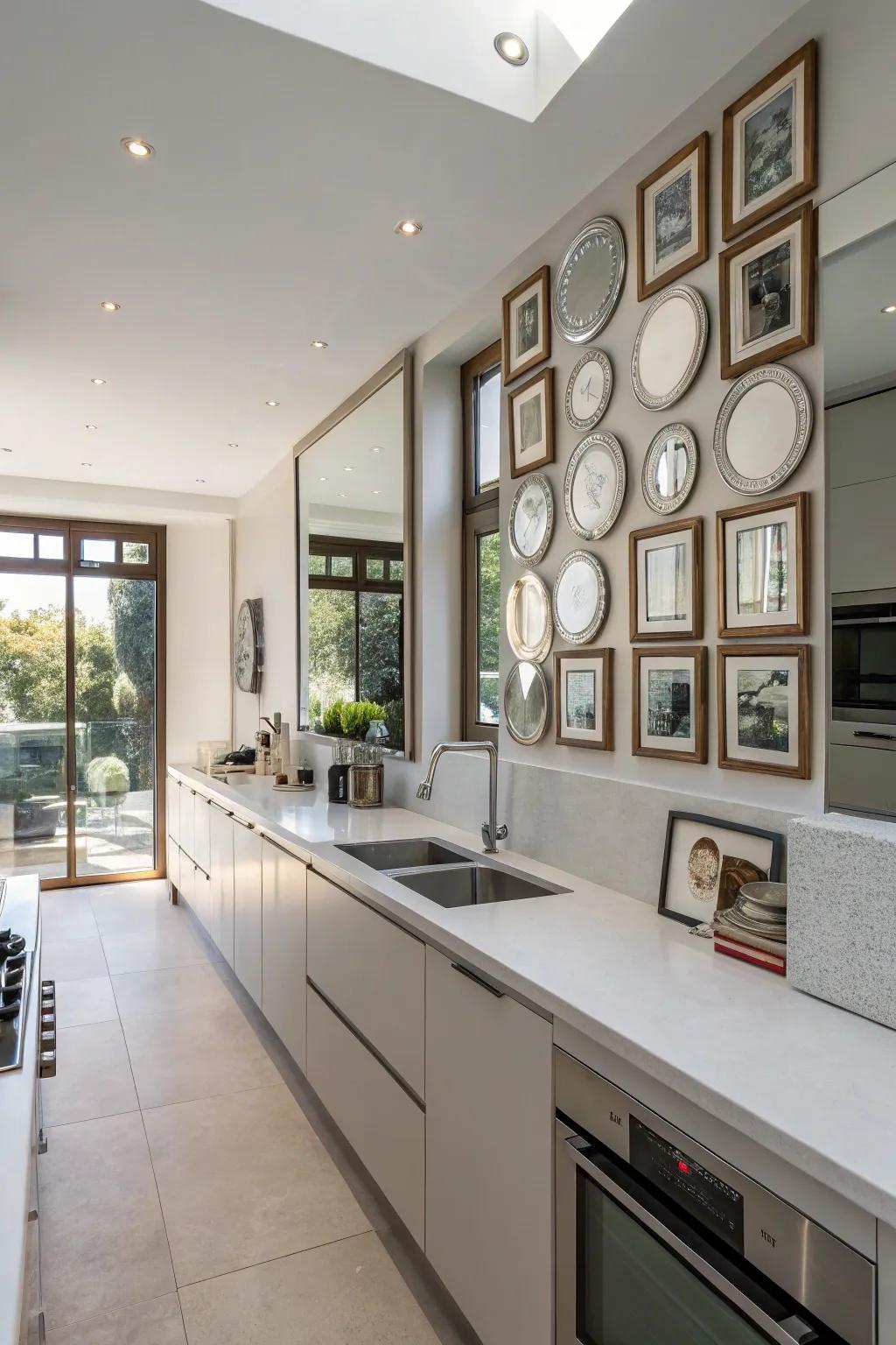 Mirrors arranged as art, combining beauty and function in the kitchen.