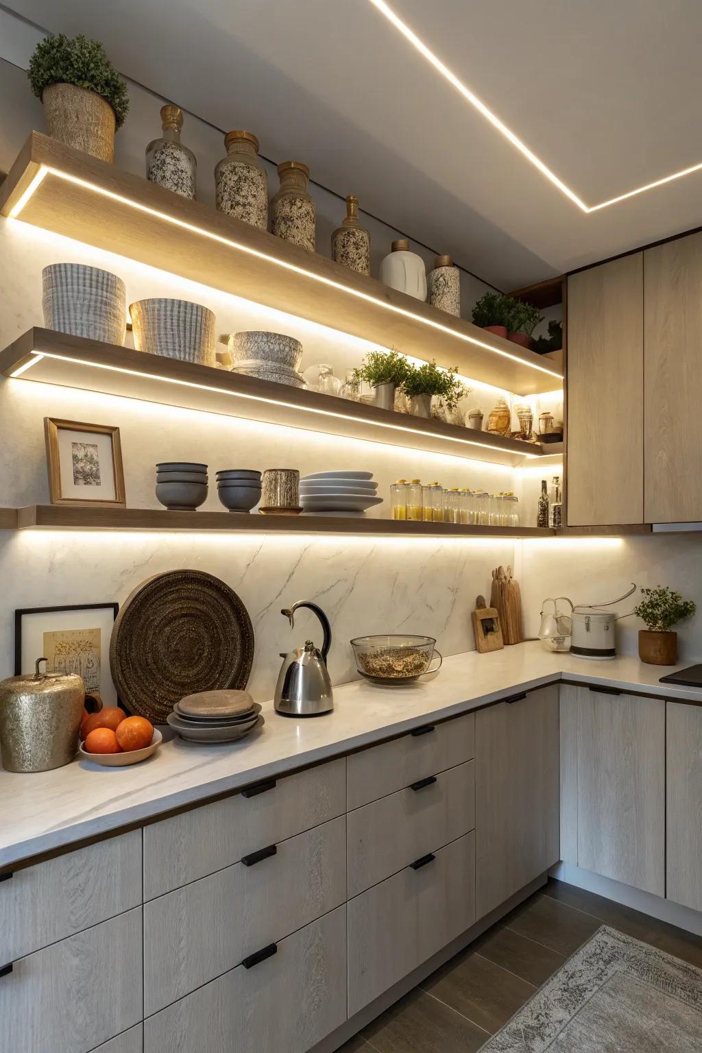 Make your floating shelves a focal point with strategic lighting.