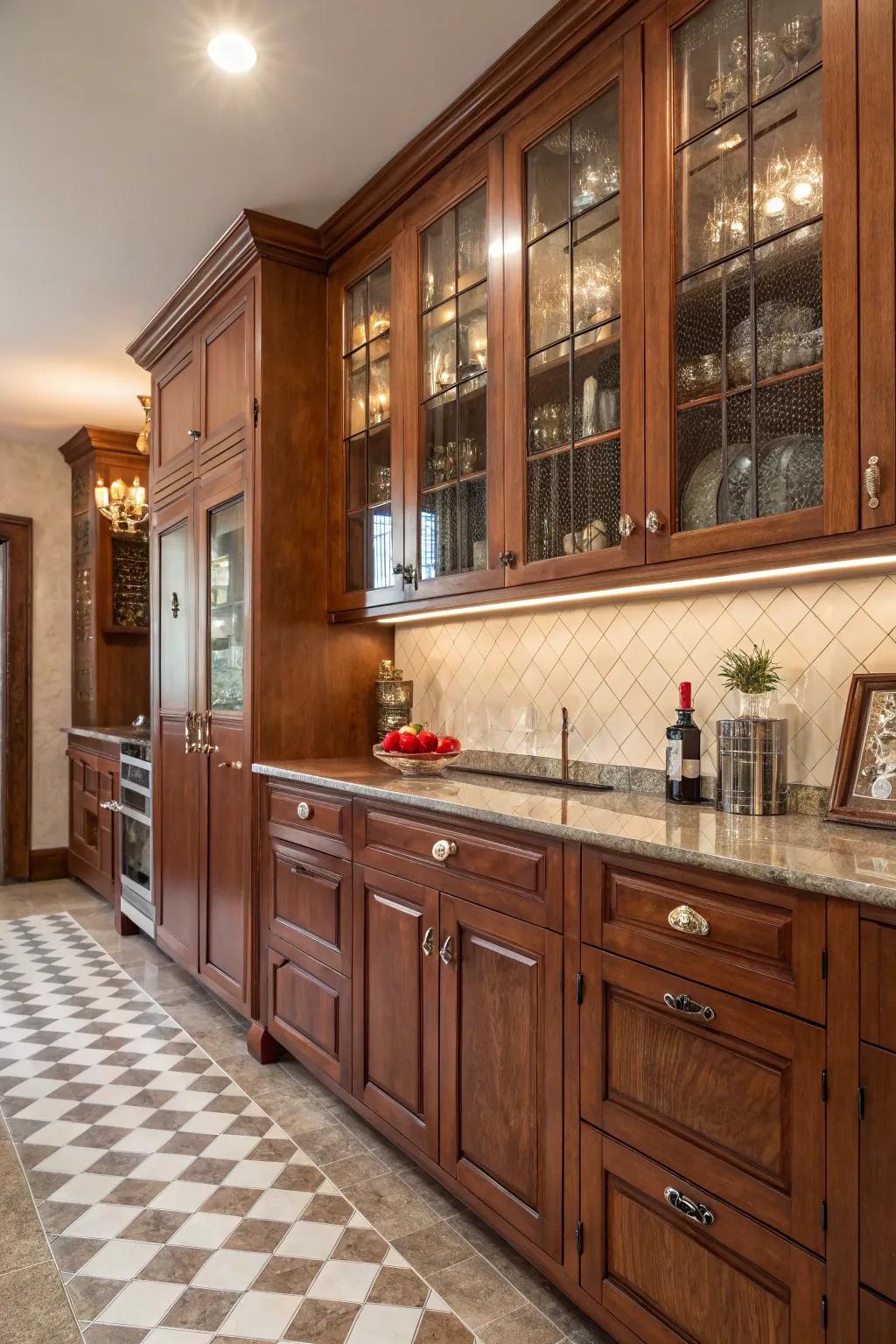 Vintage glass pulls add antique charm to cherry cabinets.