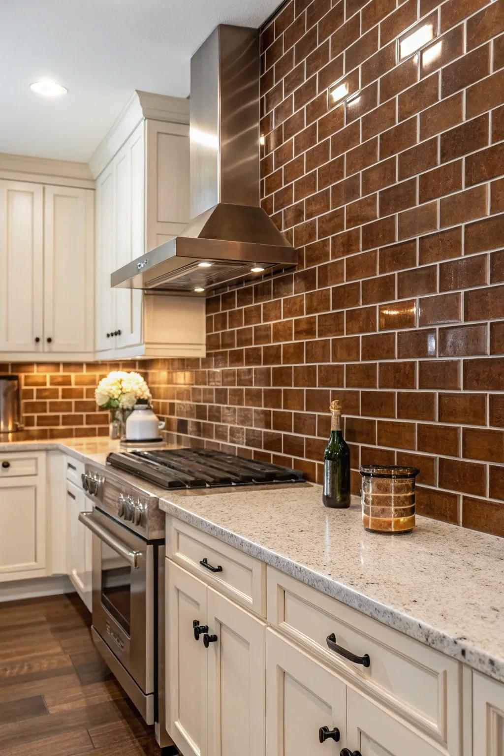 A brown backsplash adds texture and depth to the kitchen.