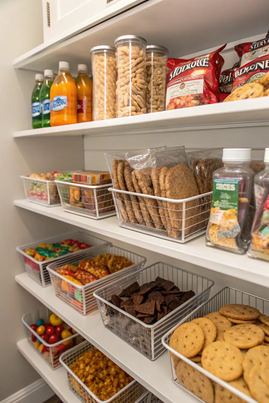 Tiered shelving enhances visibility and access to all your favorite snacks.
