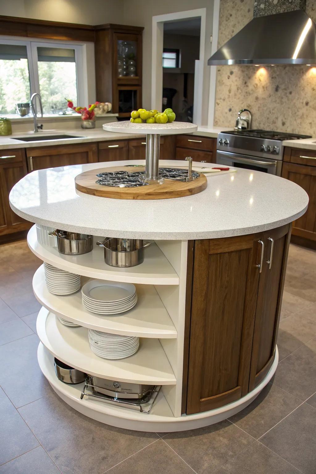 Multi-level surfaces add versatility to a round kitchen island.