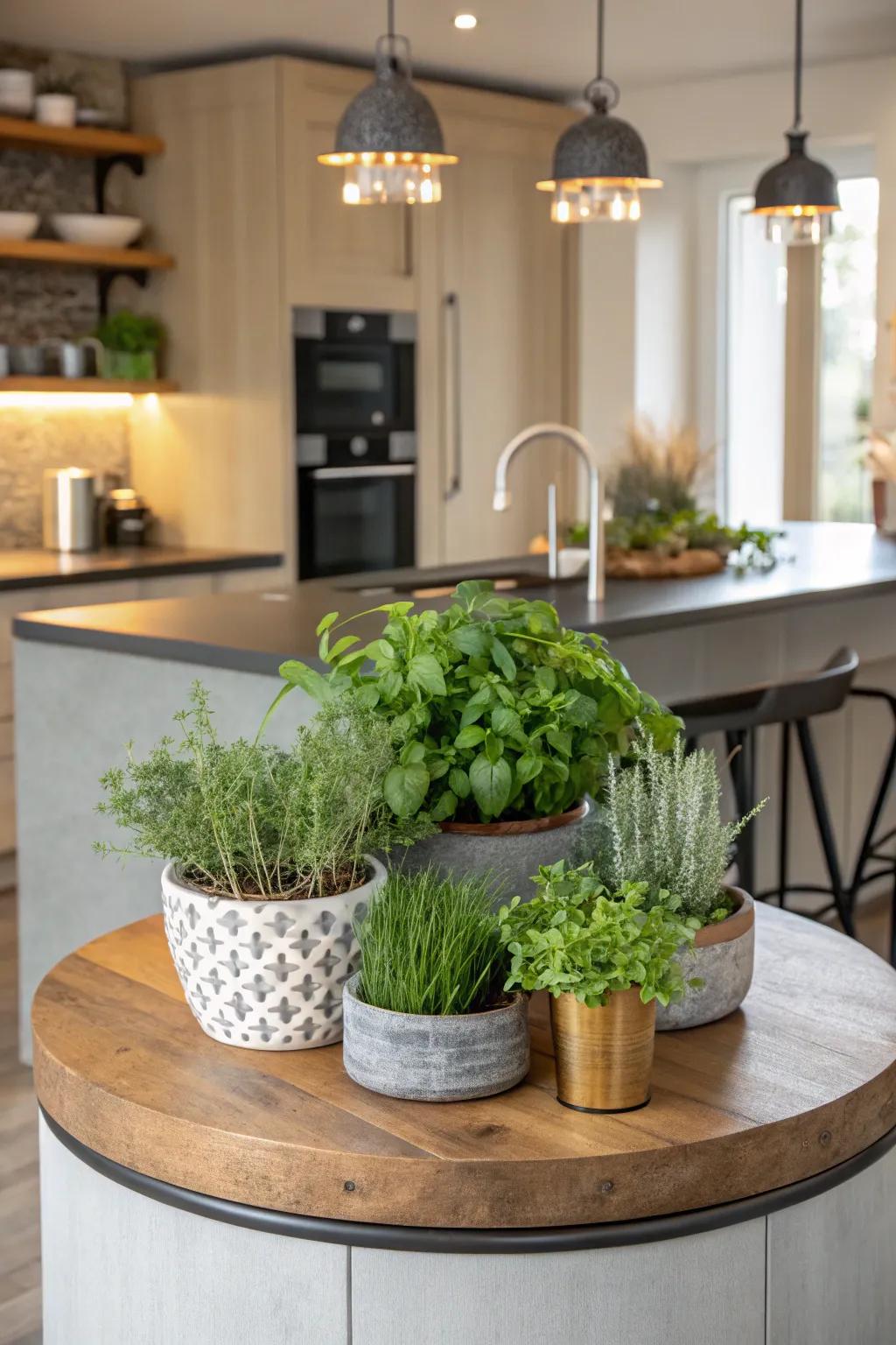 Greenery adds a refreshing touch to a round kitchen island.