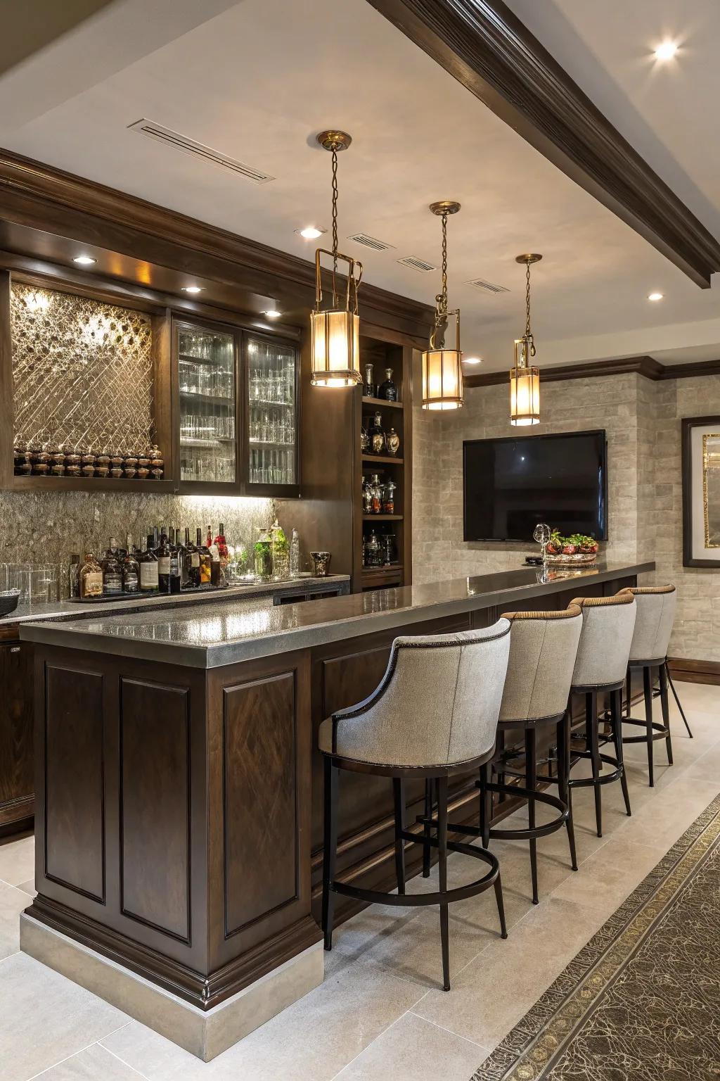 A luxury home bar with a metallic accent backsplash and sleek finishes.