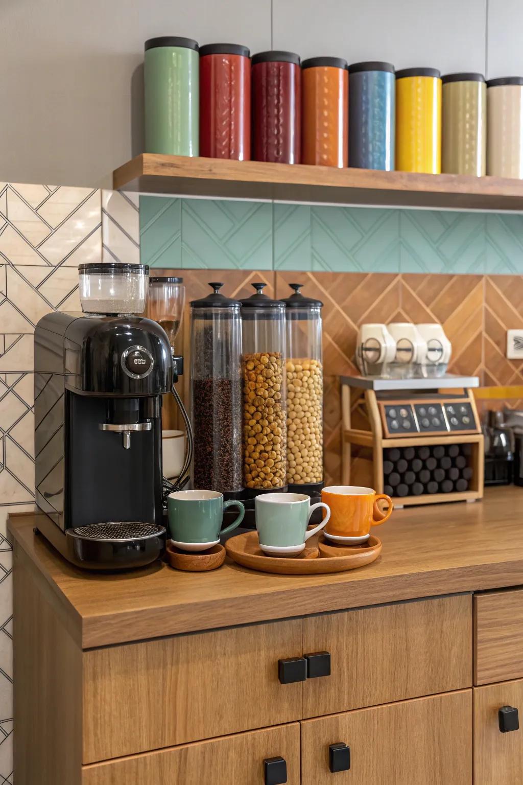 Color coordination creates a cohesive and harmonious coffee station.