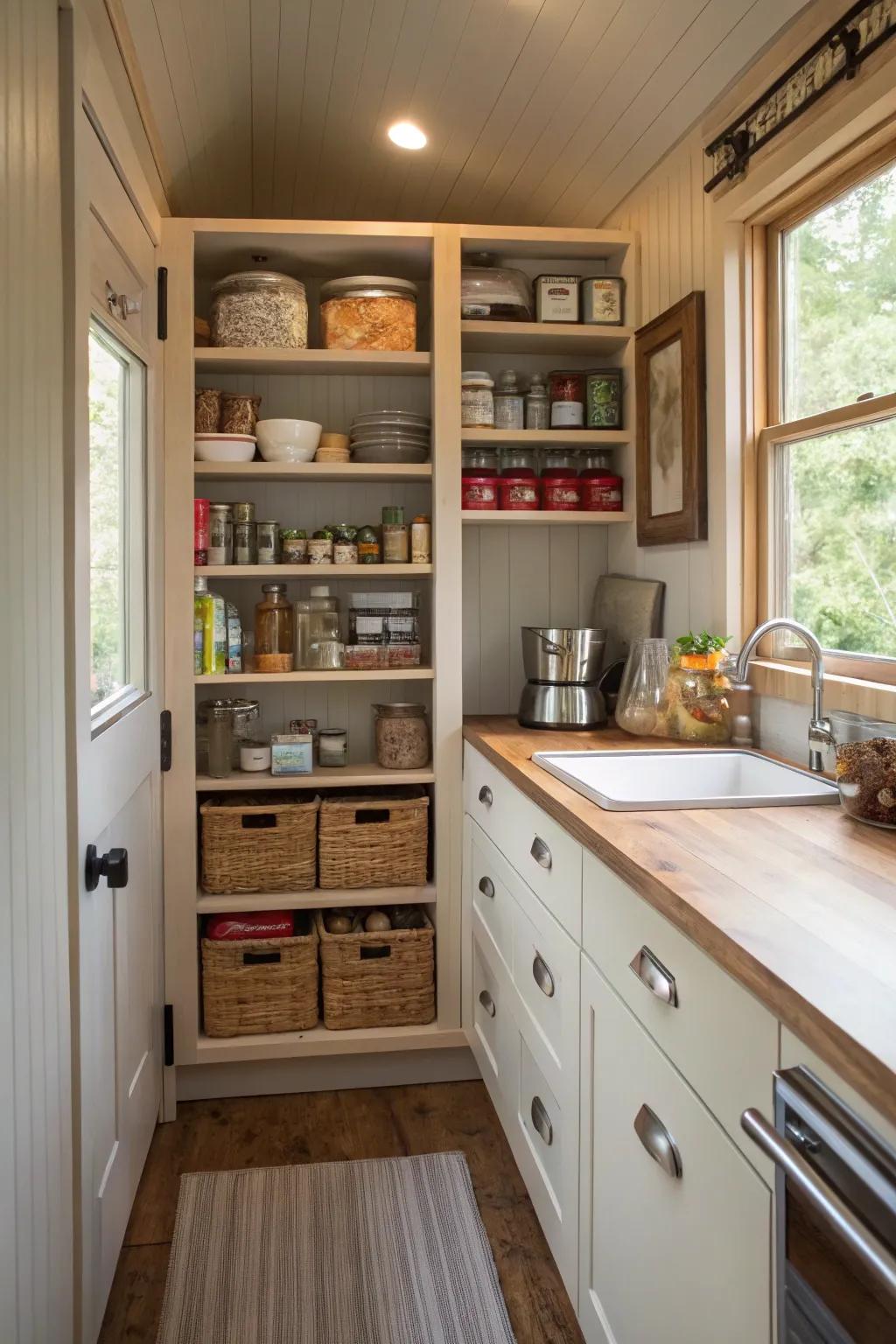 Compact wall pantry maximizing small kitchen space.