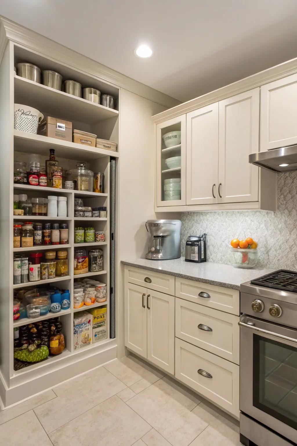 Dual-purpose pantry incorporating a prep area.