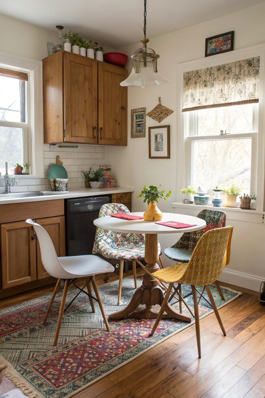 Eclectic chairs that add personality to a small kitchen table.