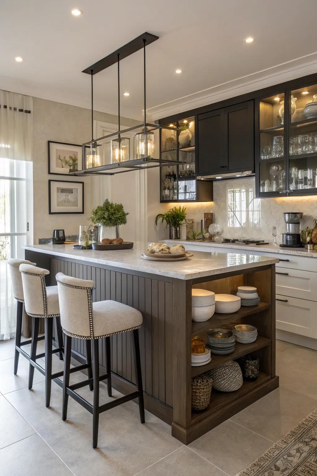 A multifunctional kitchen island that serves as both prep space and dining area.
