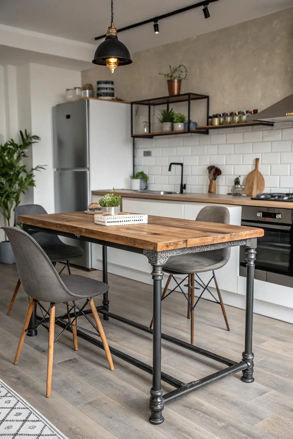 An industrial-style table that adds modern flair to a small kitchen.
