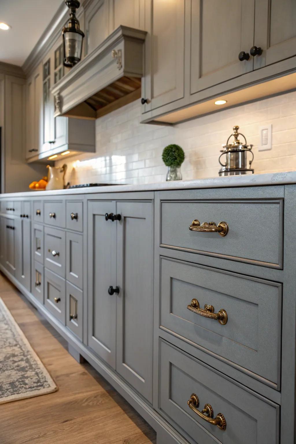 Vintage hardware adds charm to gray kitchen cabinets.