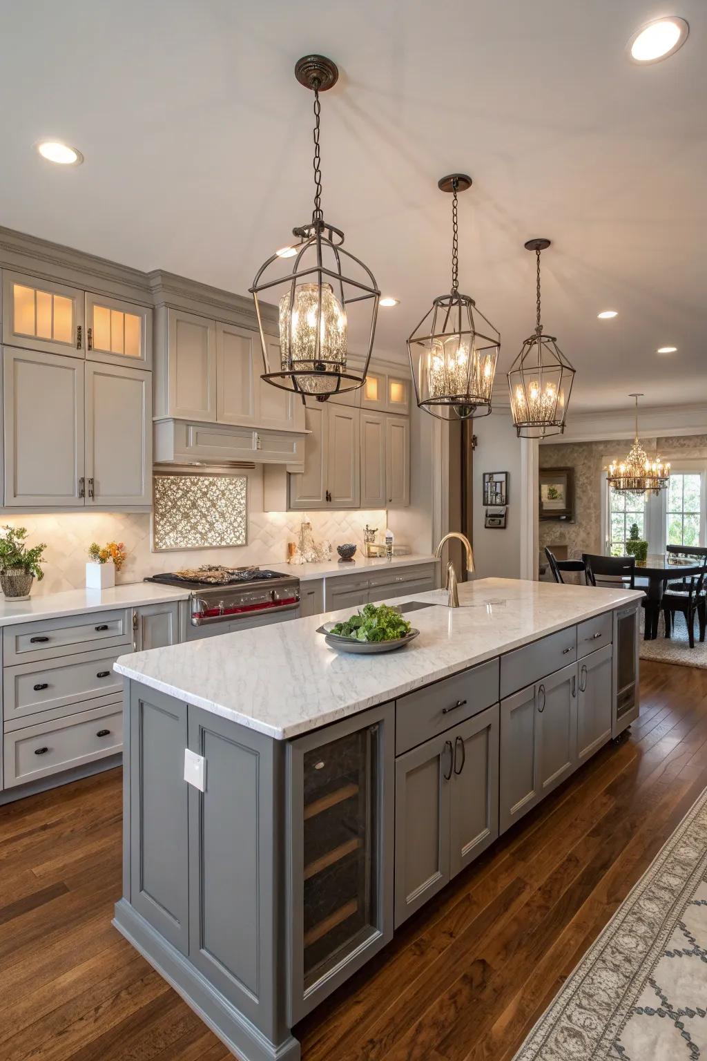 Bright lighting accentuates the sleek design of gray cabinets.
