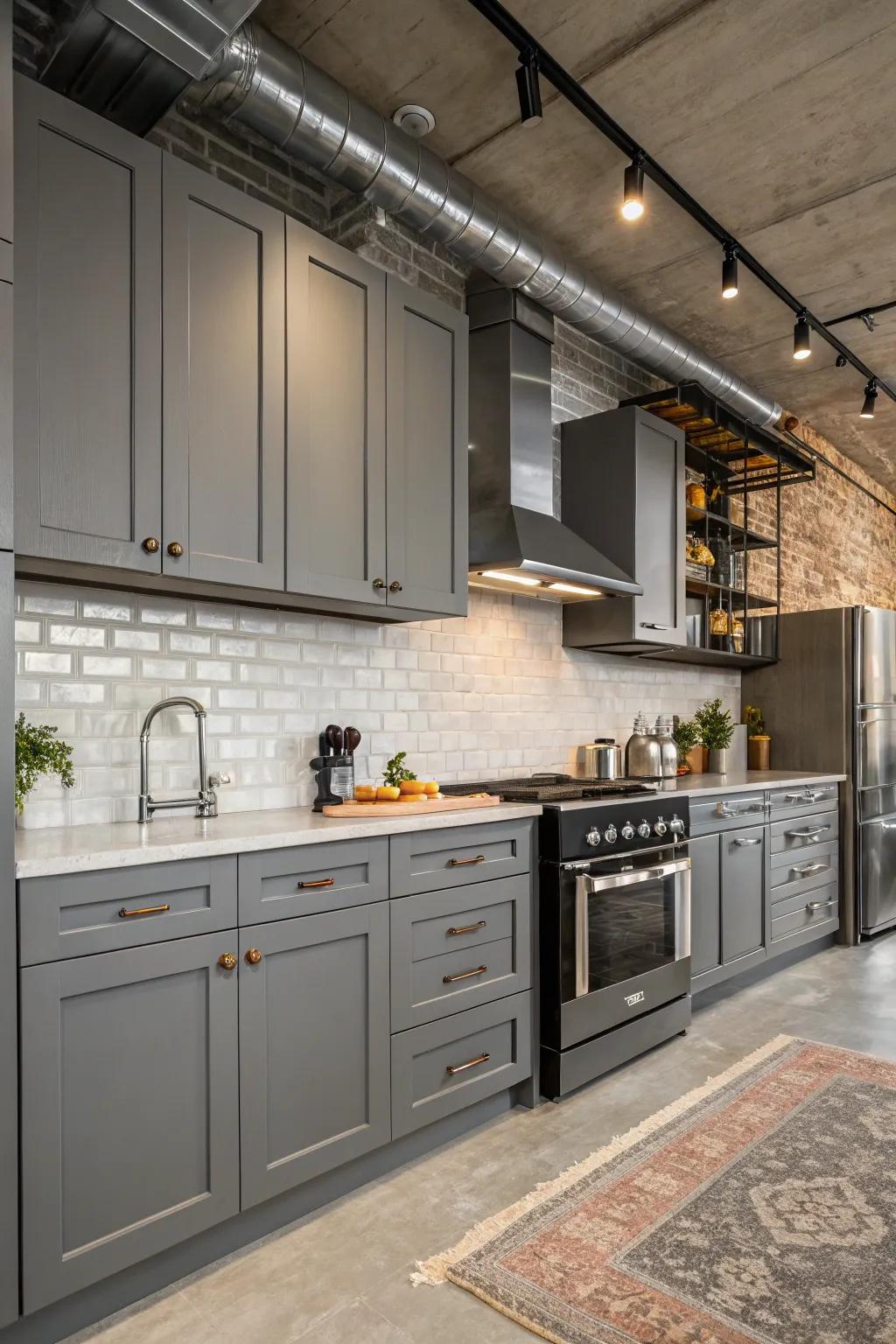 Industrial accents bring a unique edge to gray kitchen cabinets.