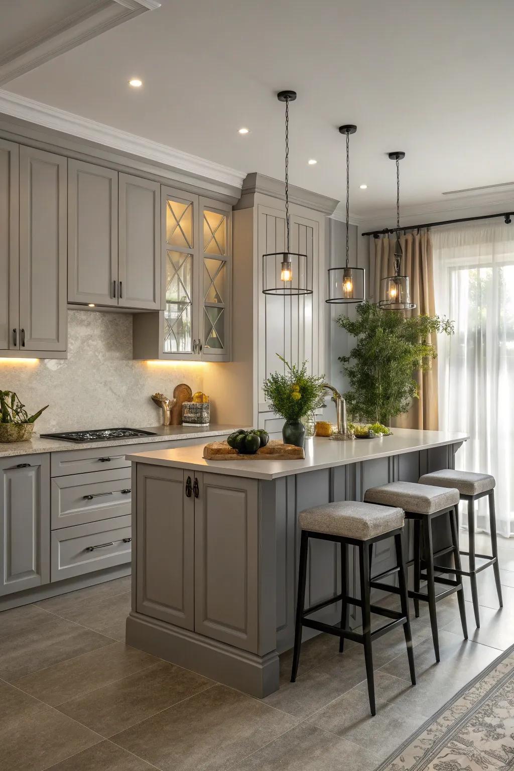 A central island adds function and style to a gray-themed kitchen.