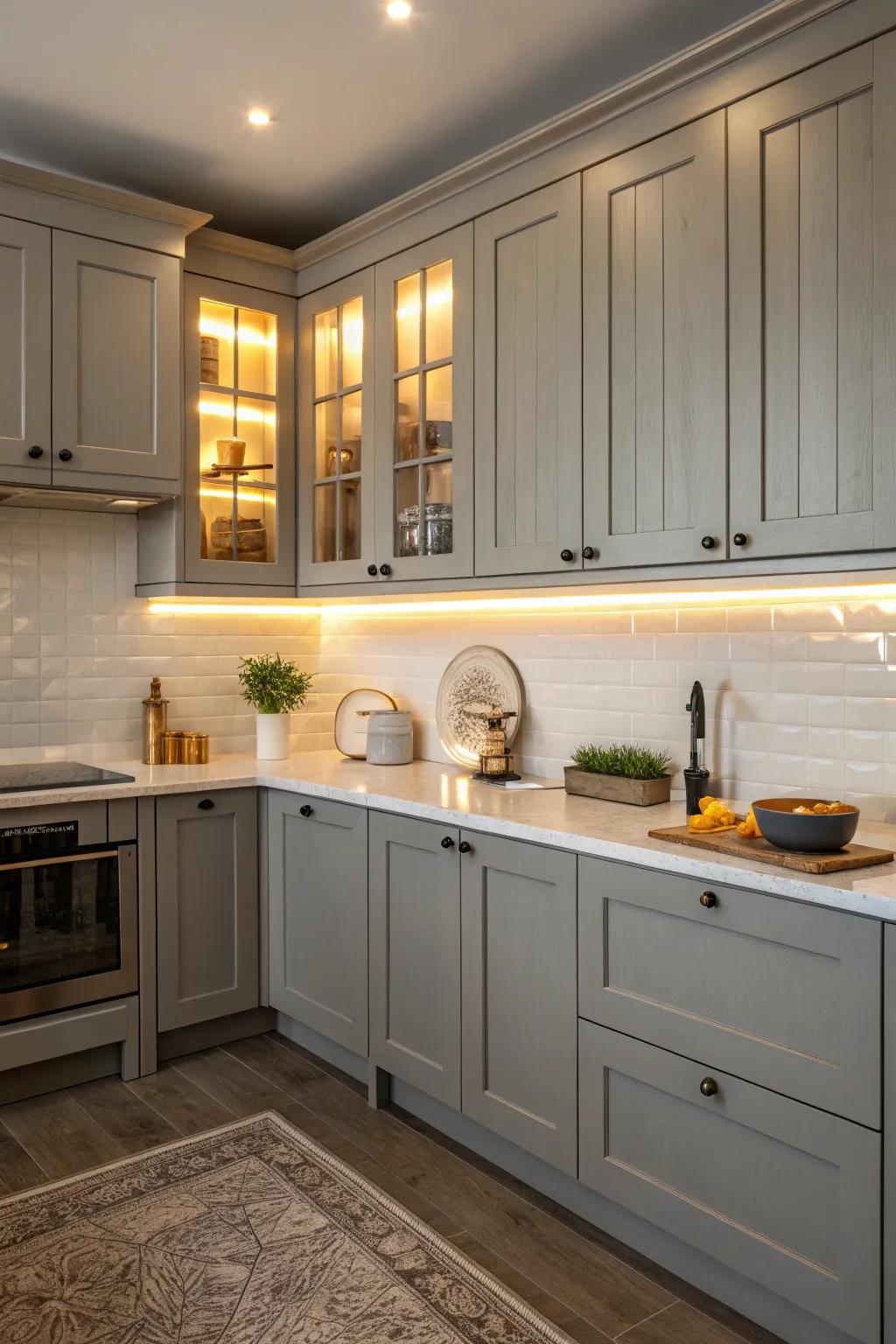 Matte gray cabinets exude understated elegance in this kitchen.