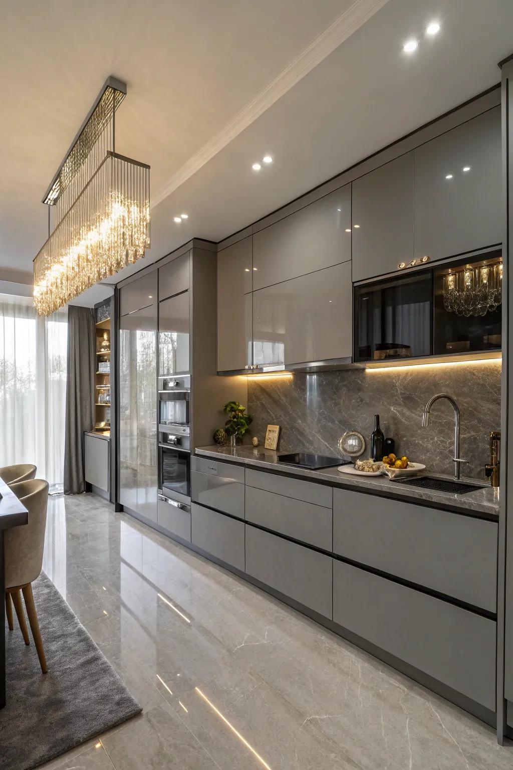 Glossy gray cabinets bring a glamorous touch to this modern kitchen.