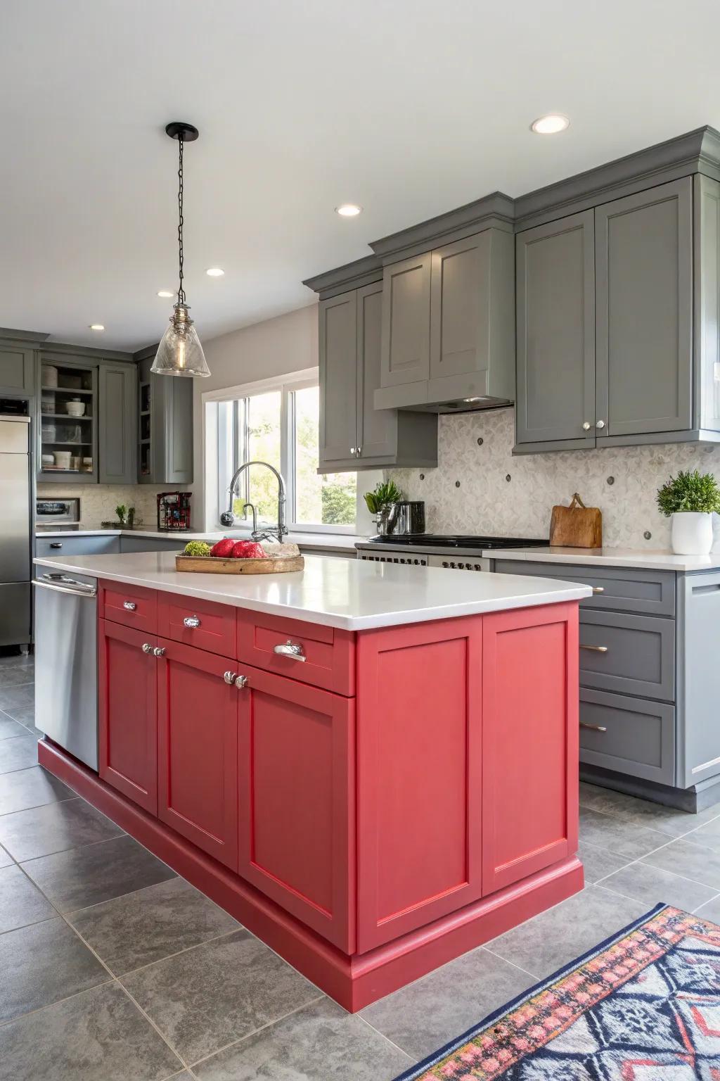 A bold color island stands out against the backdrop of gray cabinets.