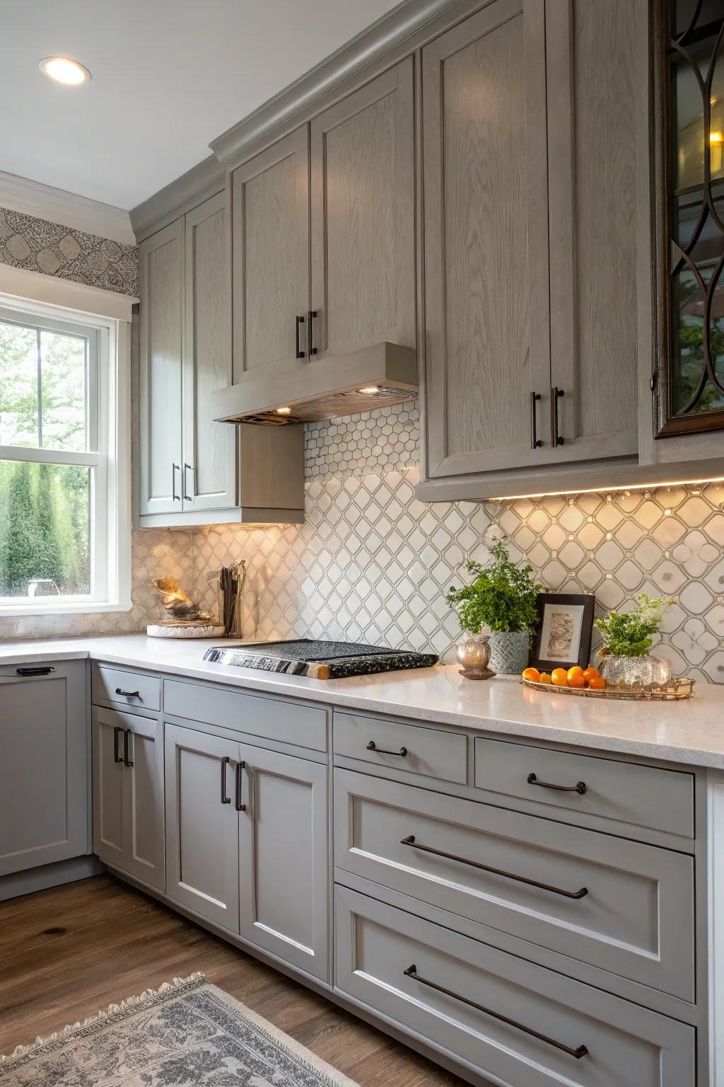 Textured tiles complement the smooth finish of gray cabinets.