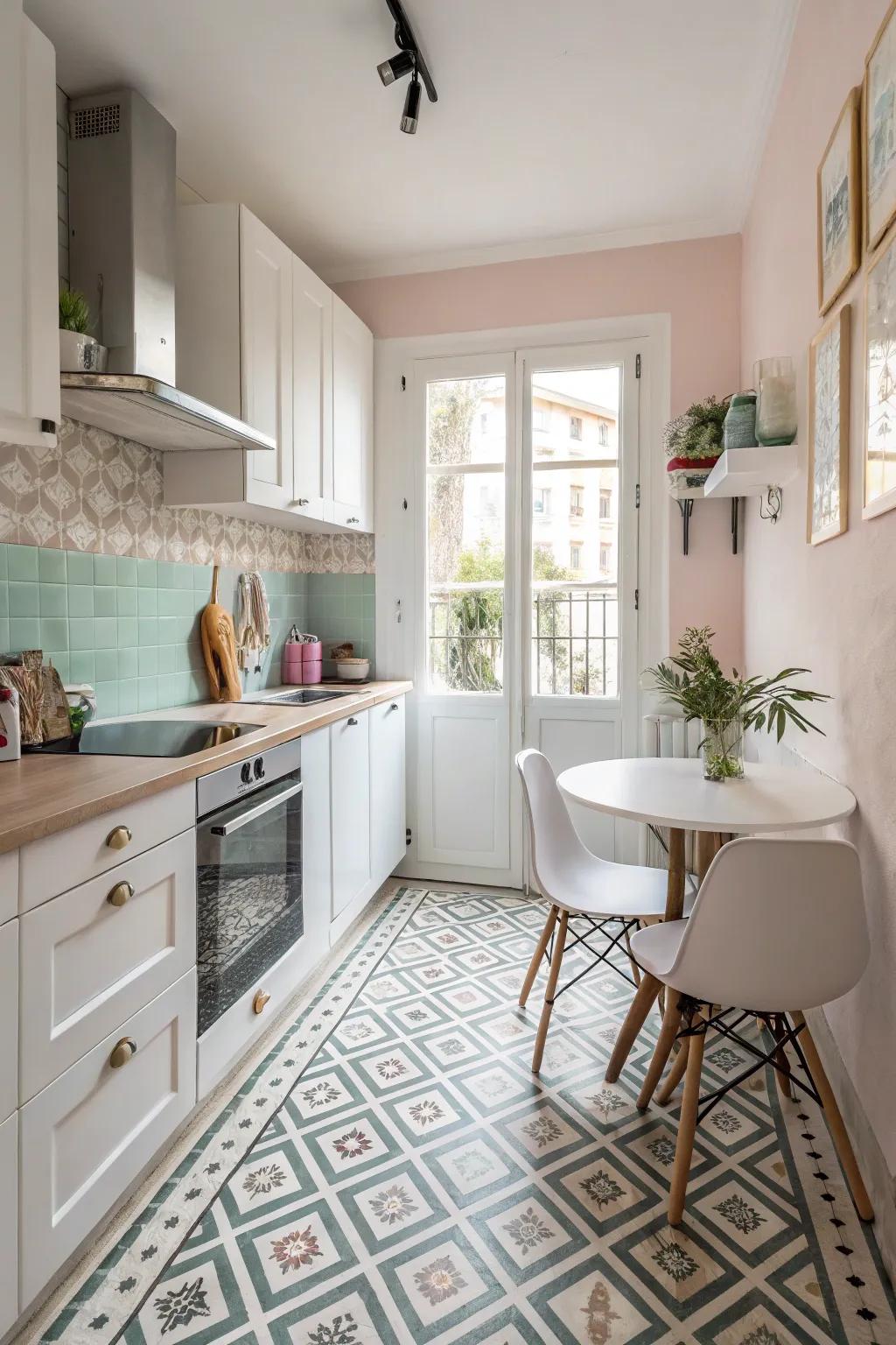 Patterned floors add style and the illusion of space in a tiny kitchen.