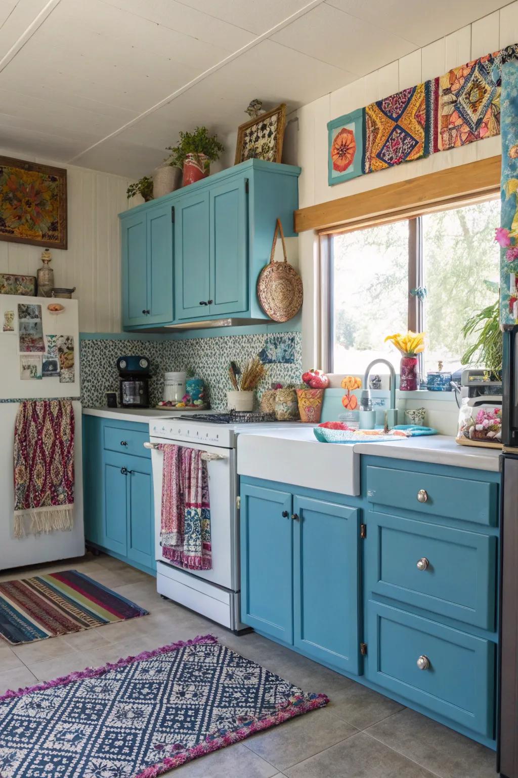 An eclectic mix of blue shades in cabinets creates a vibrant and personalized kitchen space.