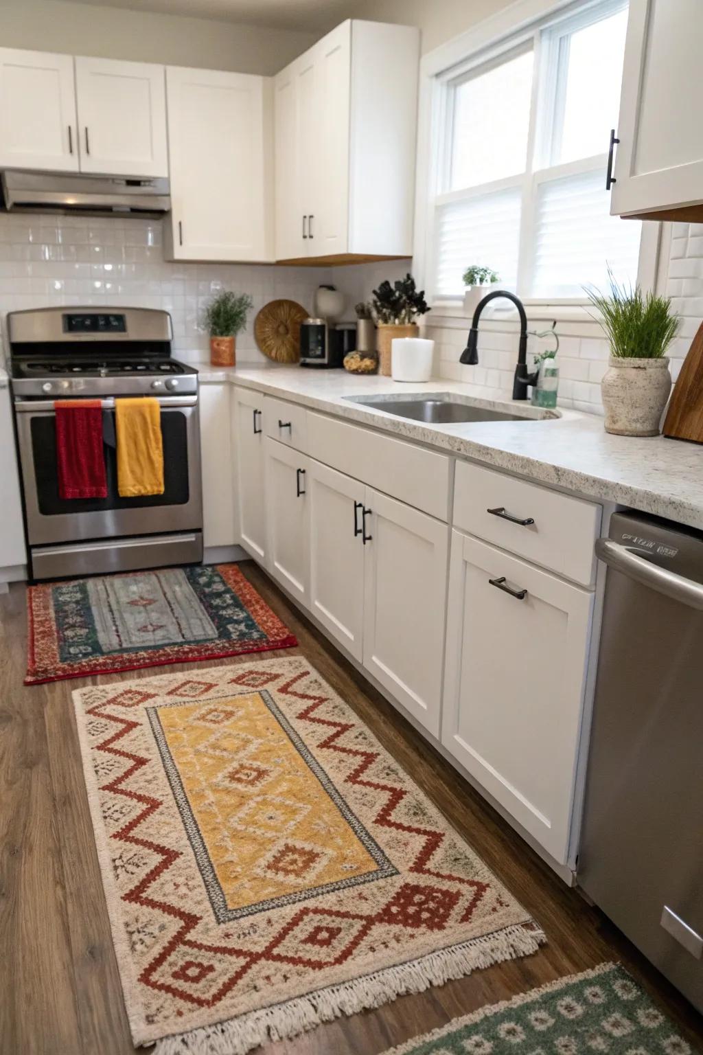 Strategically placed rugs enhance comfort and practicality in the kitchen.