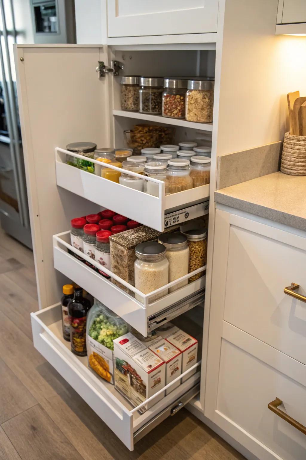 Hidden drawers offer discreet and efficient storage.