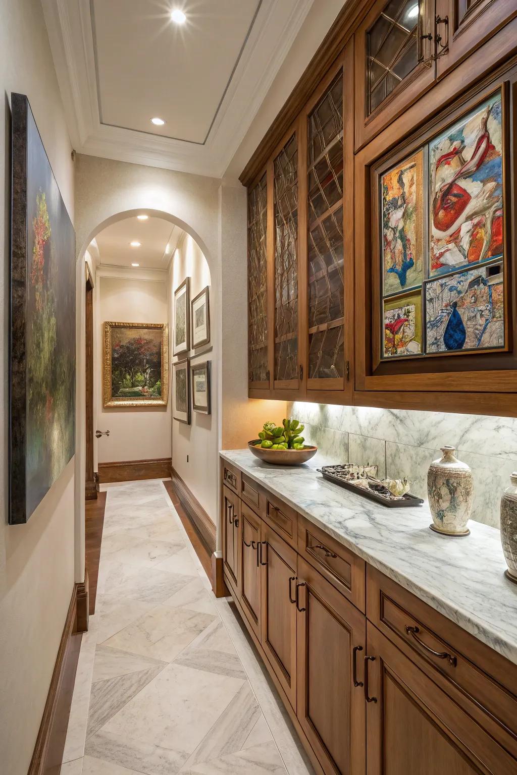An artistic butler's pantry featuring decorative artwork for a personal touch.