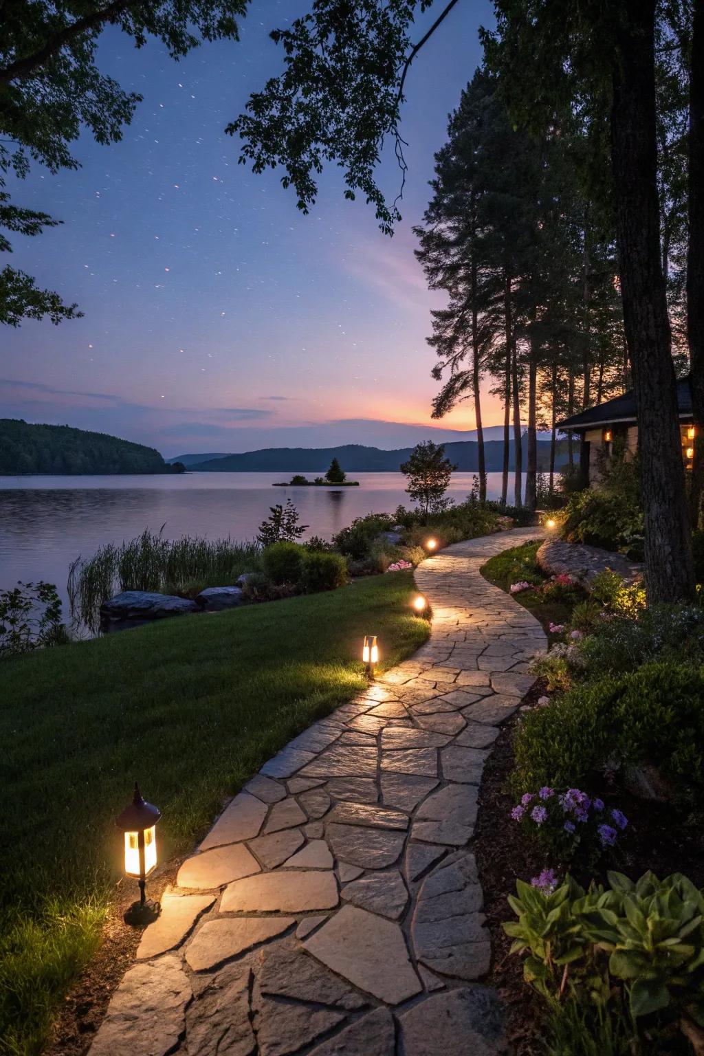 Solar lights guide the way and add a warm glow to your lakeside paths.