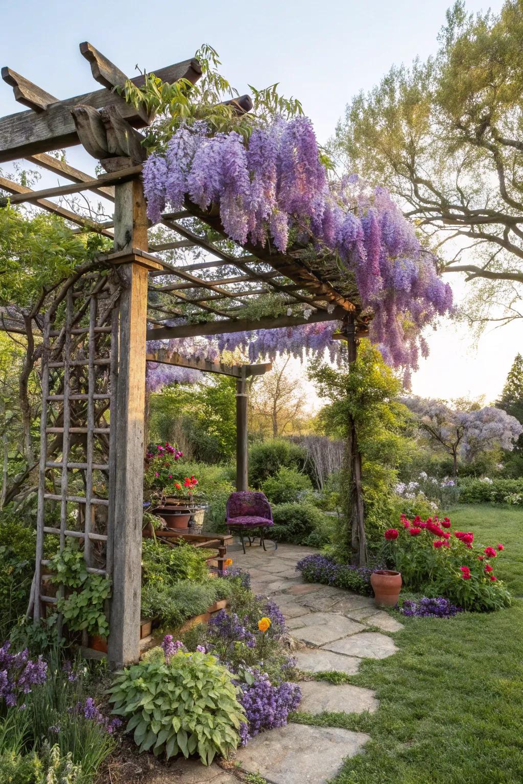 An eclectic mix of wood and metal with wisteria.