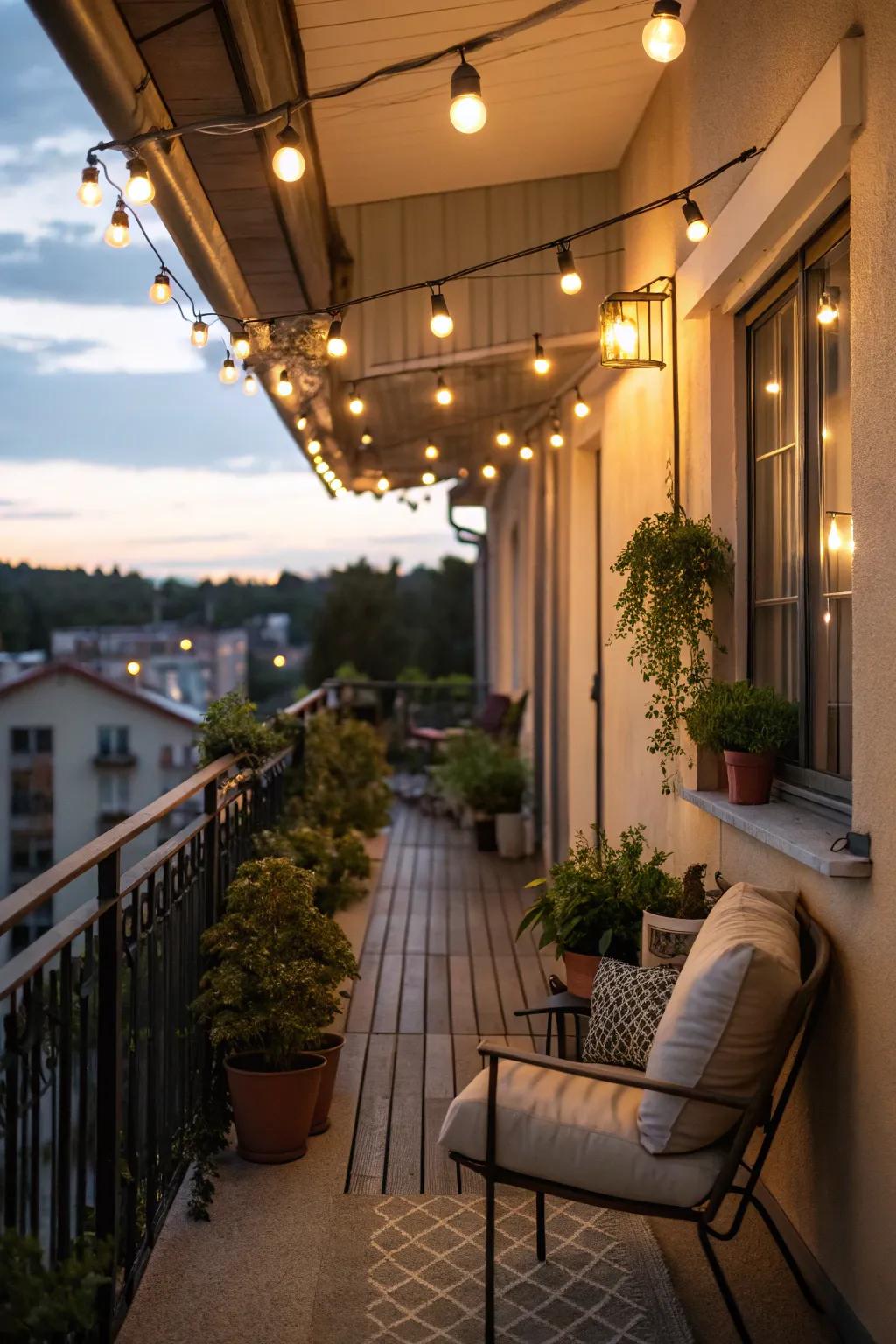 Overhead lights create a cozy ambiance without occupying floor space.
