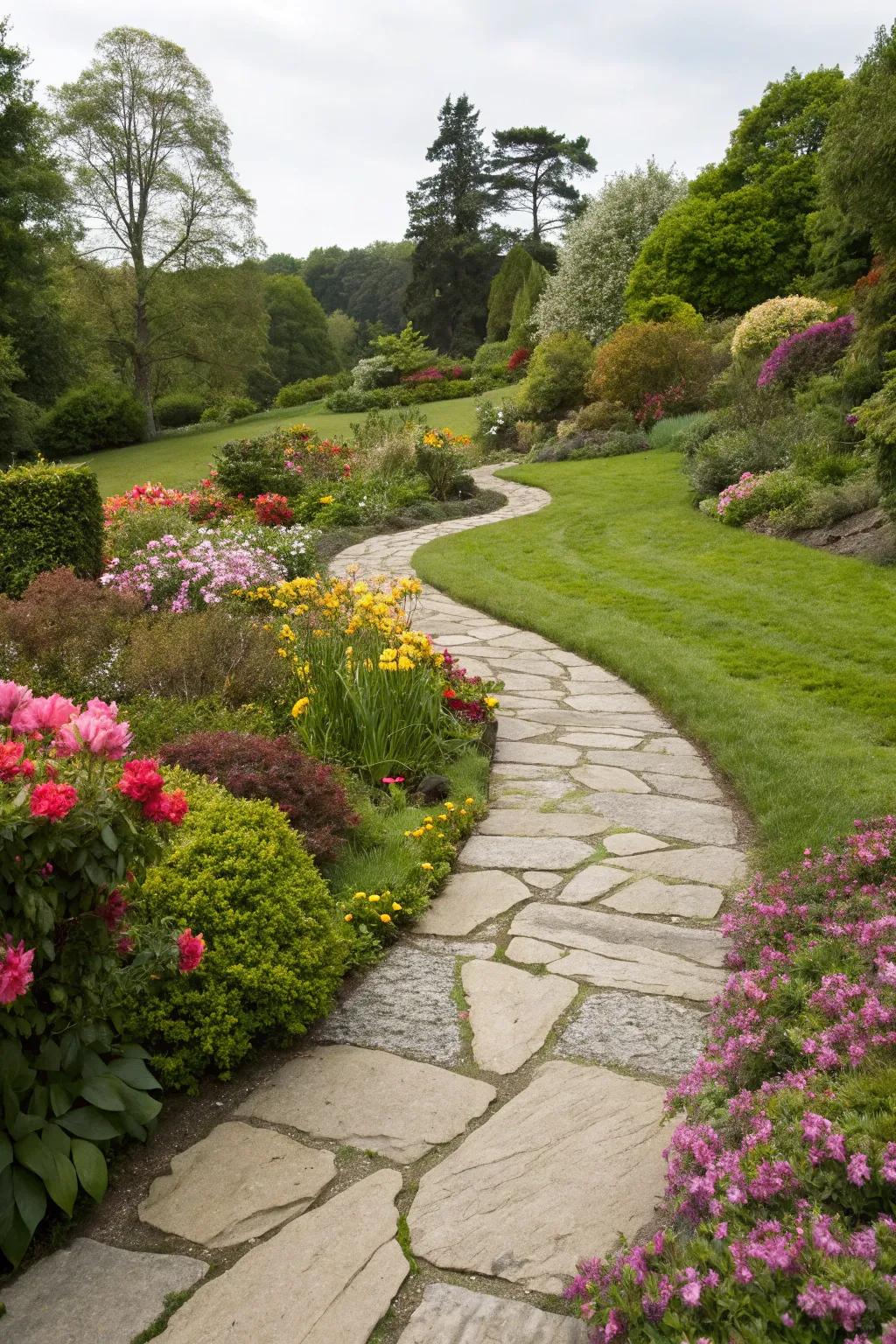 A charming stone pathway winds through a colorful garden.