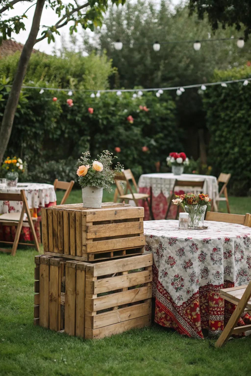 A garden party enhanced with rustic wooden decor elements.