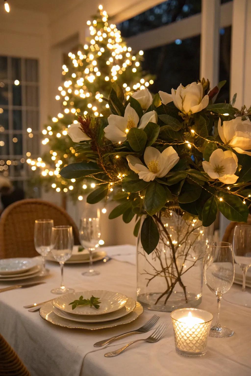 Twinkling lights add a magical touch to magnolias.