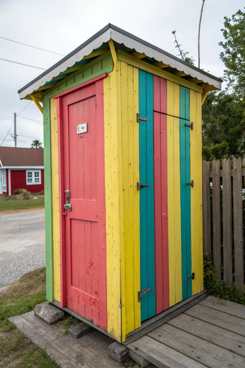 Bold colors make the outhouse a lively focal point.