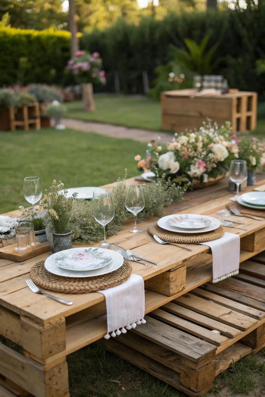 Rustic charm with wooden pallet tables for a cozy picnic.