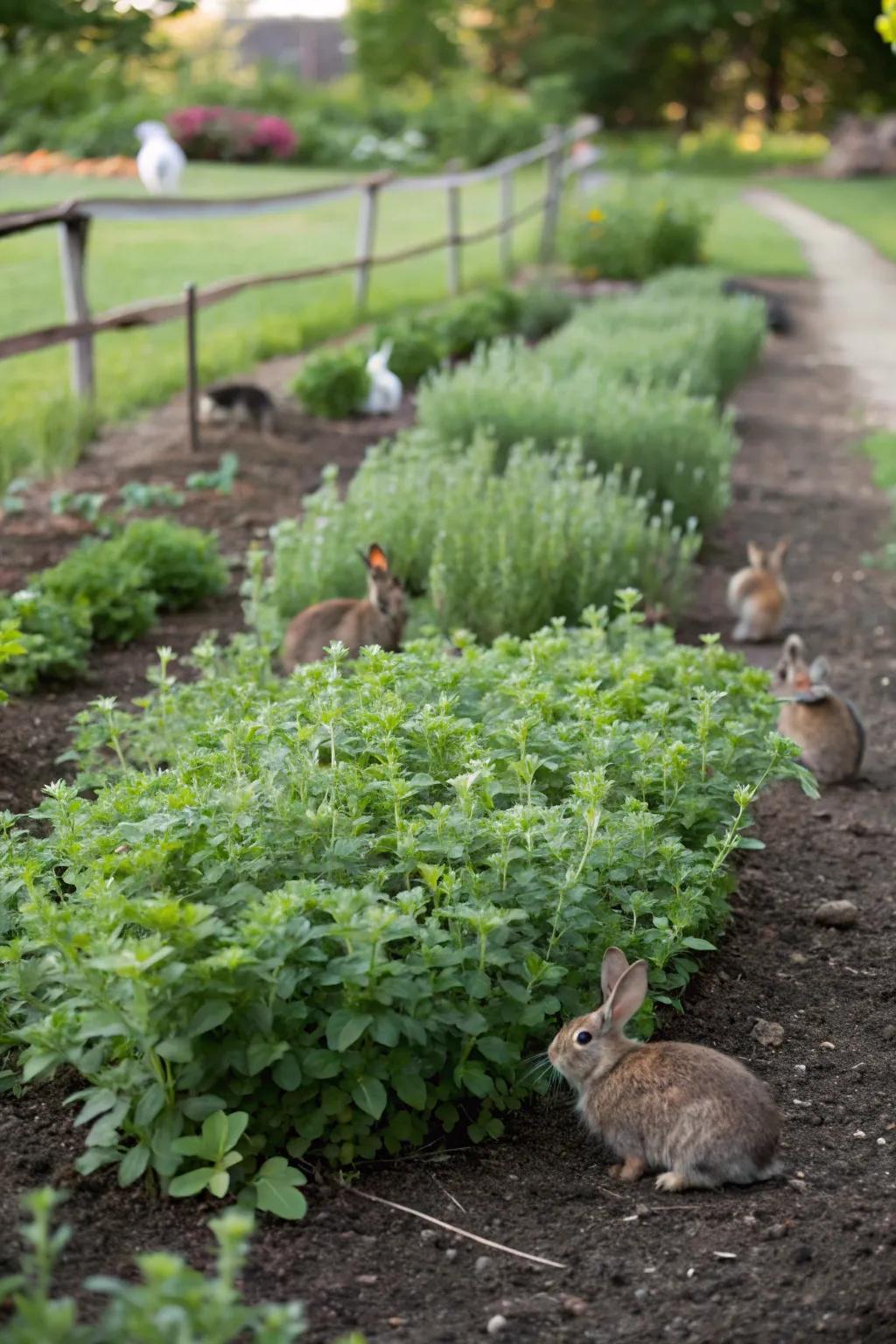 Oregano plants flourishing in a rabbit-friendly garden bed.