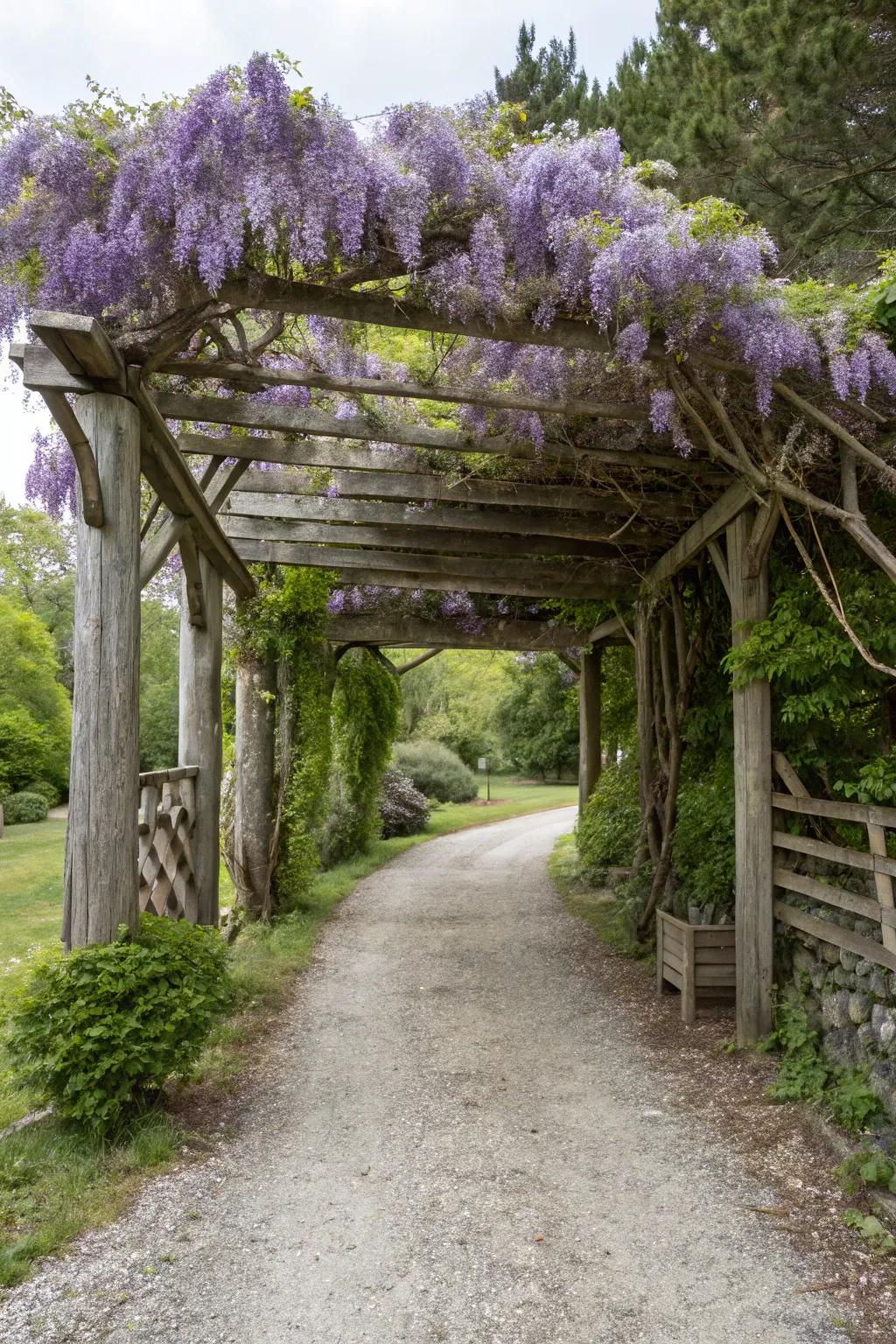 Wood arbors create a secret garden feel