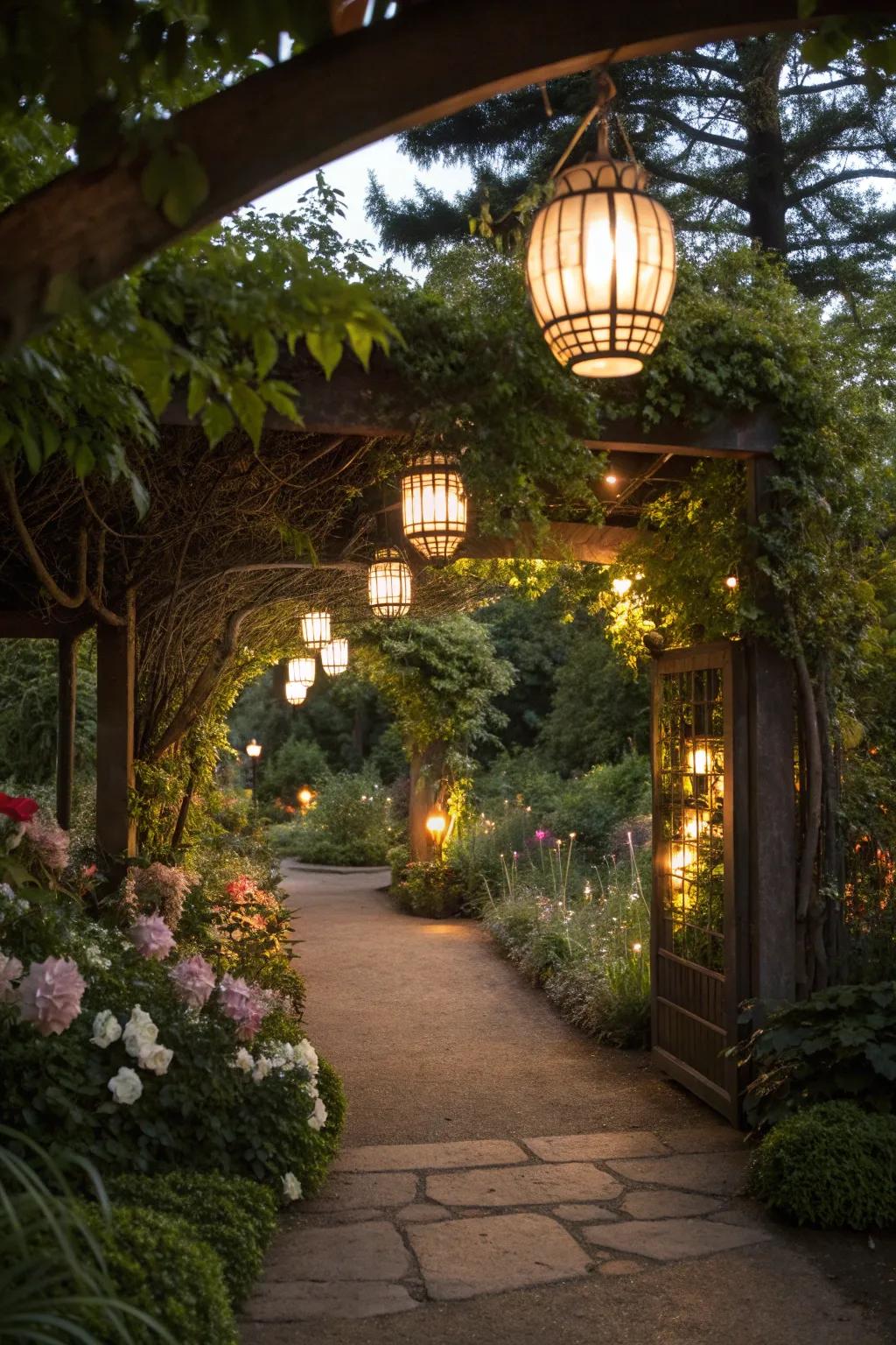 Lanterns cast a magical glow over your garden entrance.