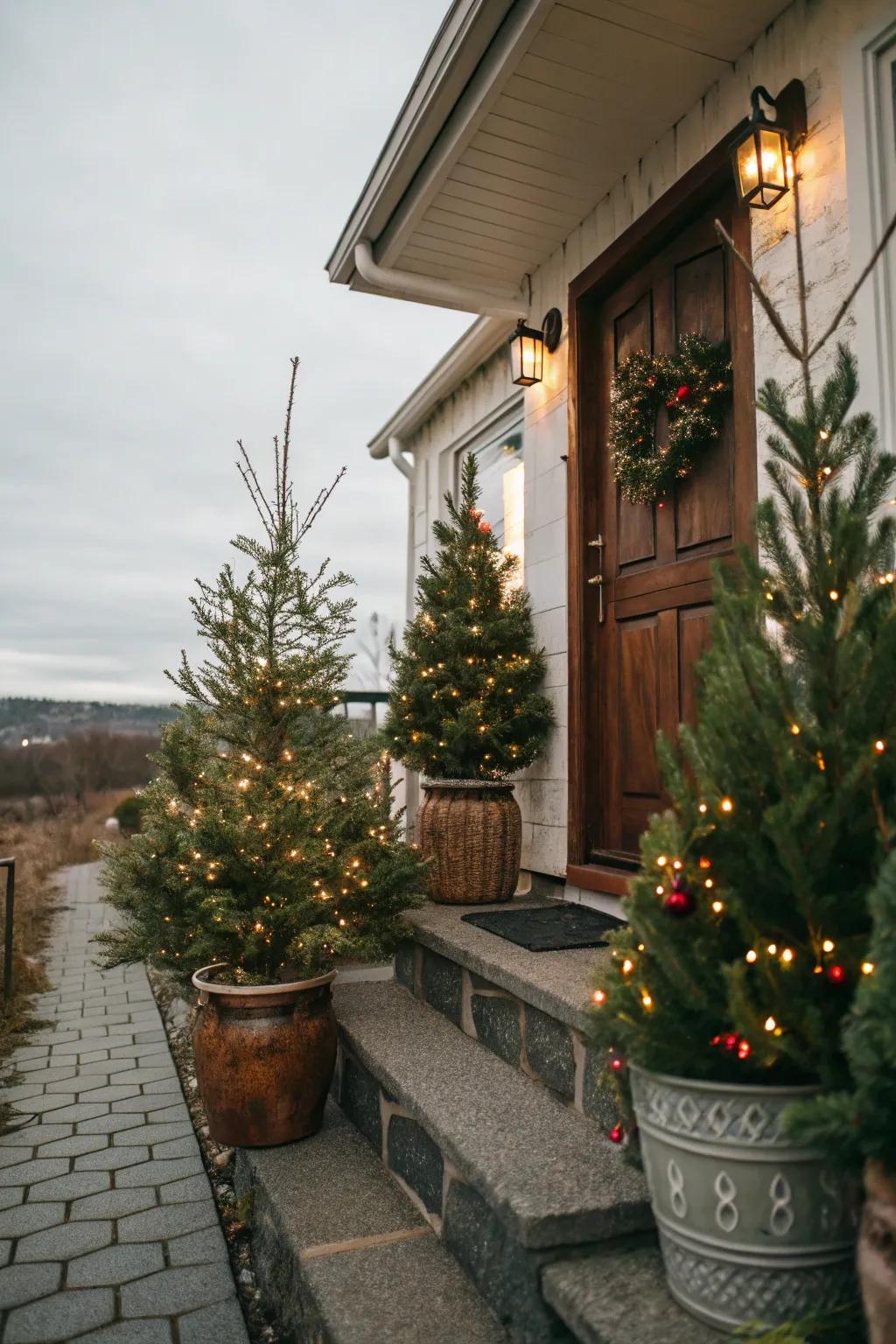 Mini Christmas trees bring festive greenery to even the smallest porches.