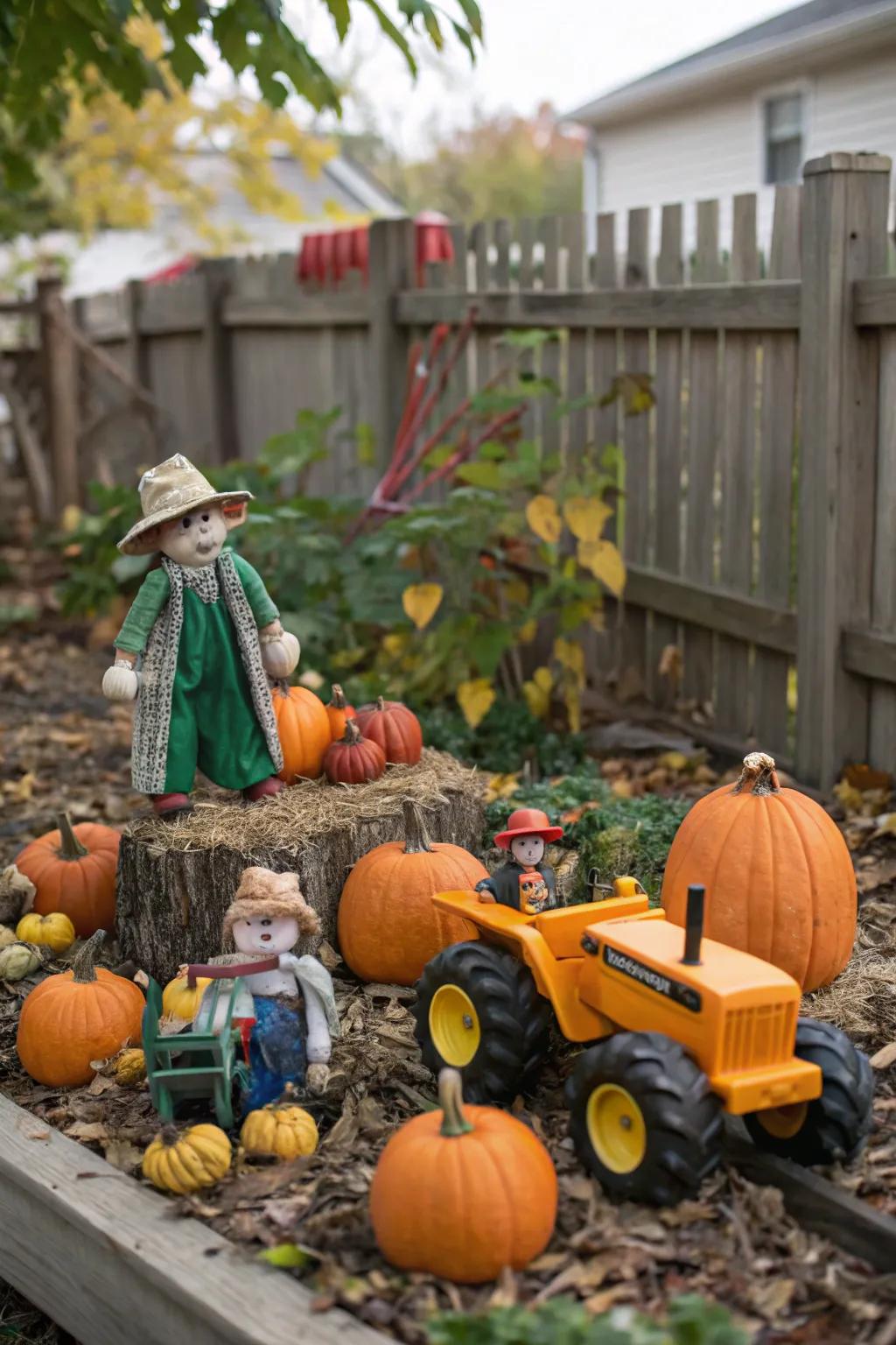 A miniature farm scene brings playful charm to your patch.