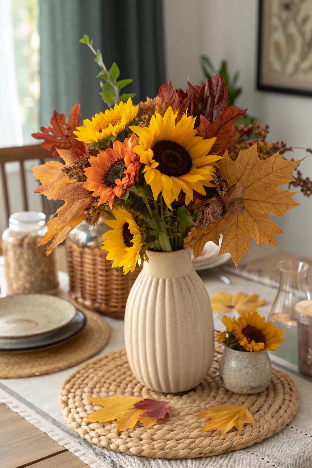 A sunflower bouquet enhanced with colorful autumn leaves.